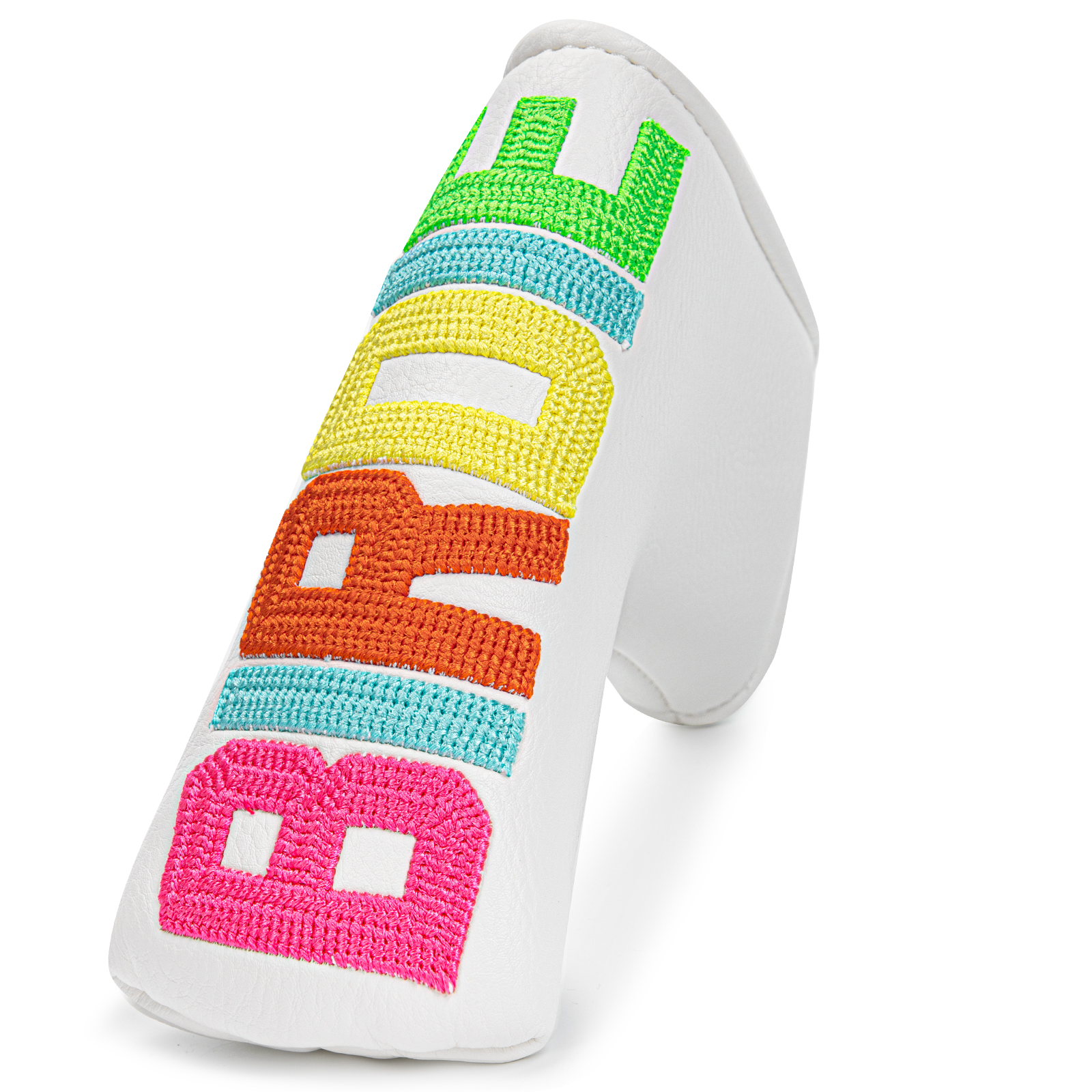 A close front view of a white cover with large multicolored block letters.