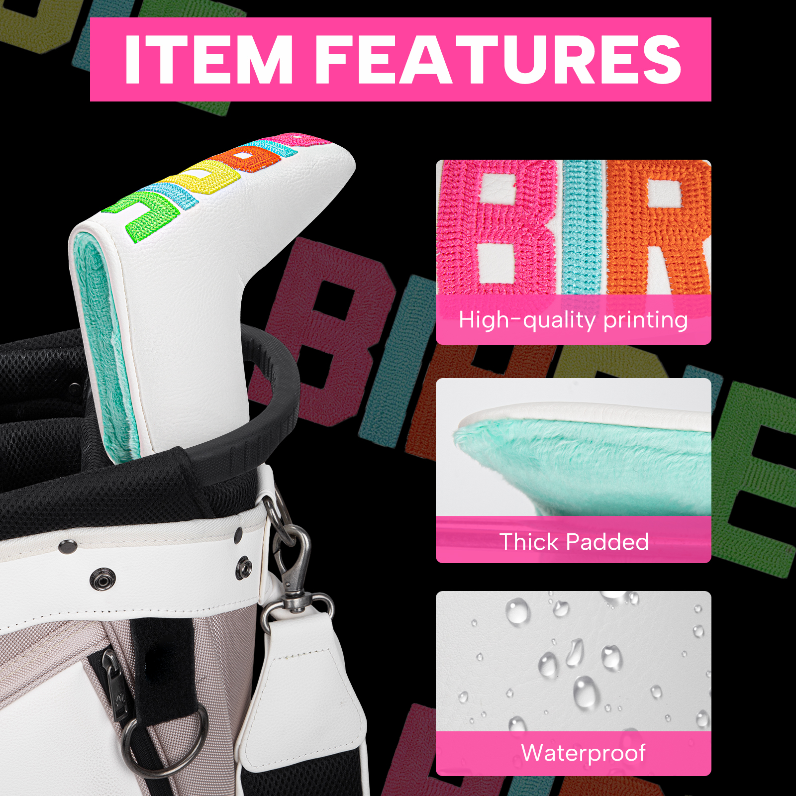 A product graphic shows the white cover with letter close-ups and the visible heading “ITEM FEATURES.”