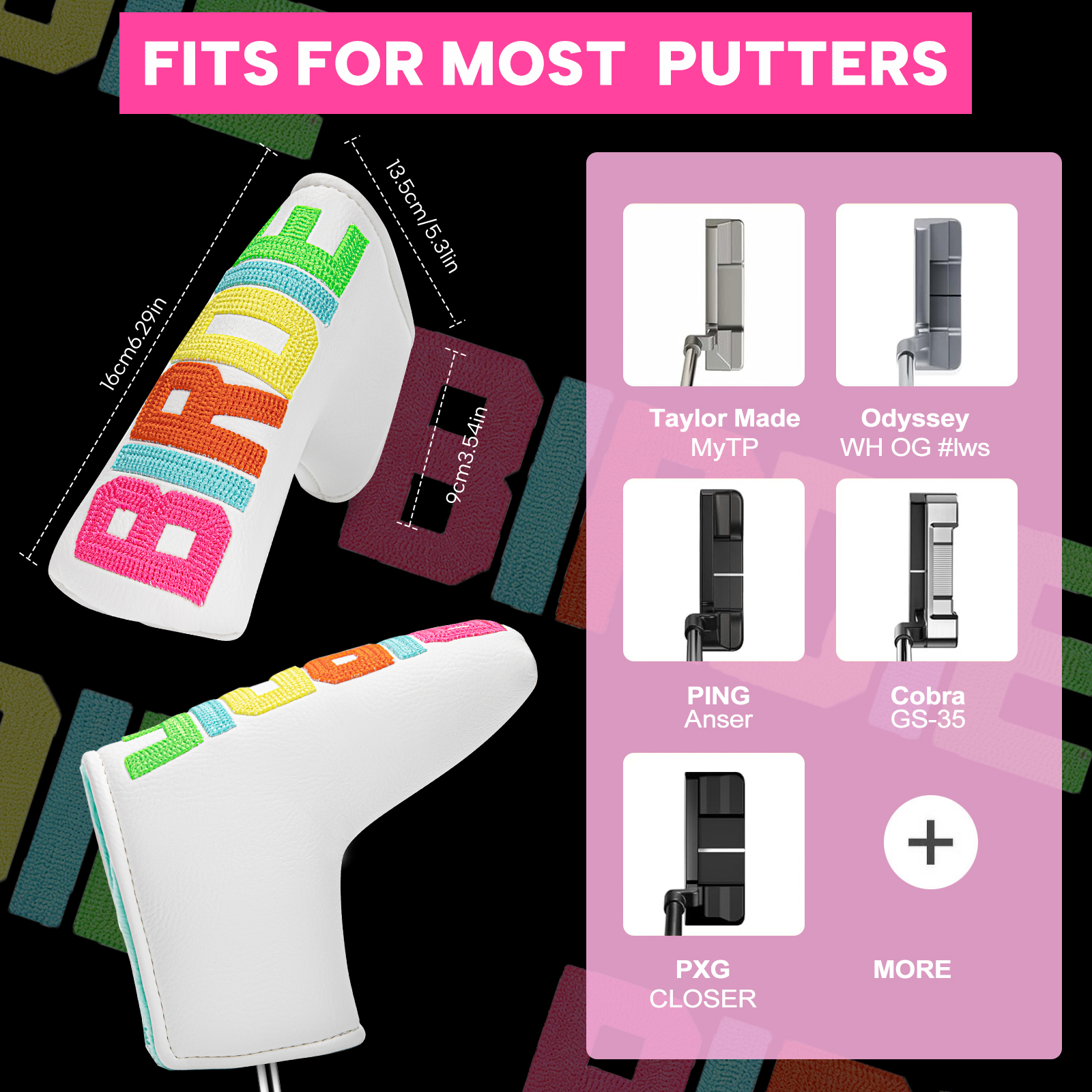 A graphic pairs the colorful white cover with small club illustrations and the visible heading “FITS FOR MOST PUTTERS.”