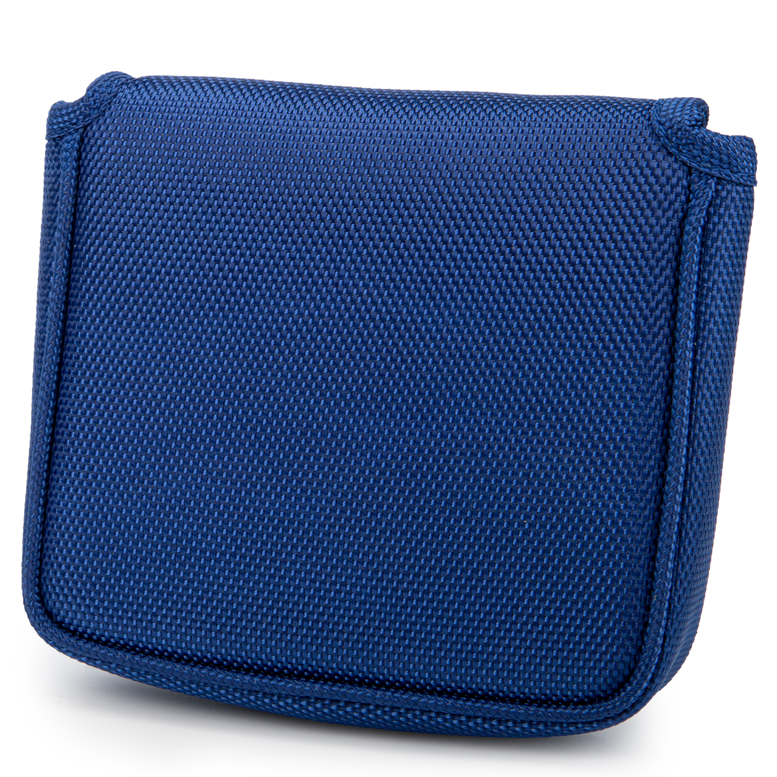 A plain blue square cover is shown from the front, with stitched edging and a textured surface.