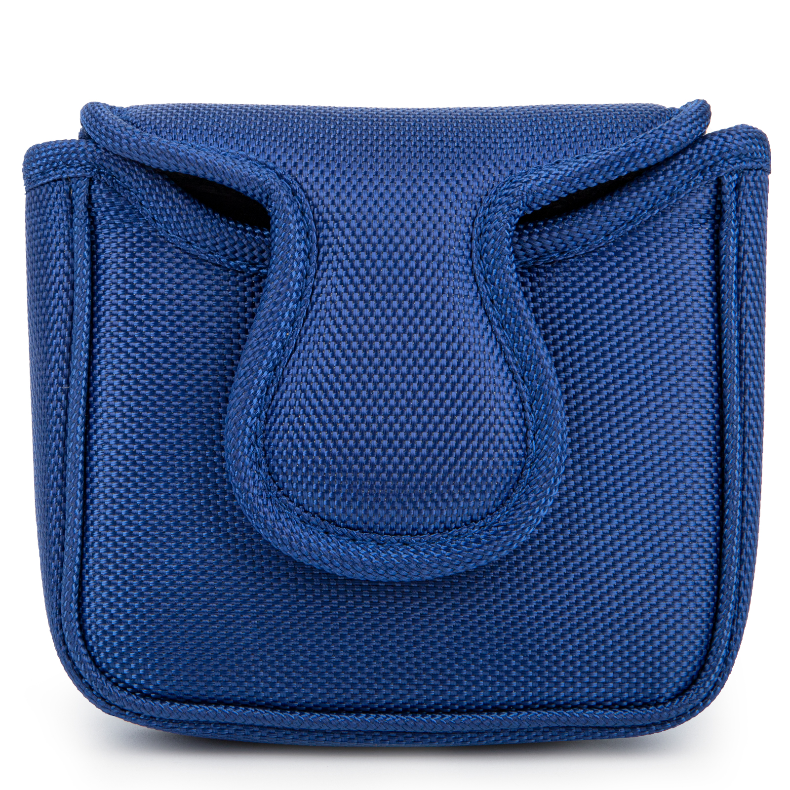 A blue square cover is shown from the back with a broad central fastening flap and two curved openings.