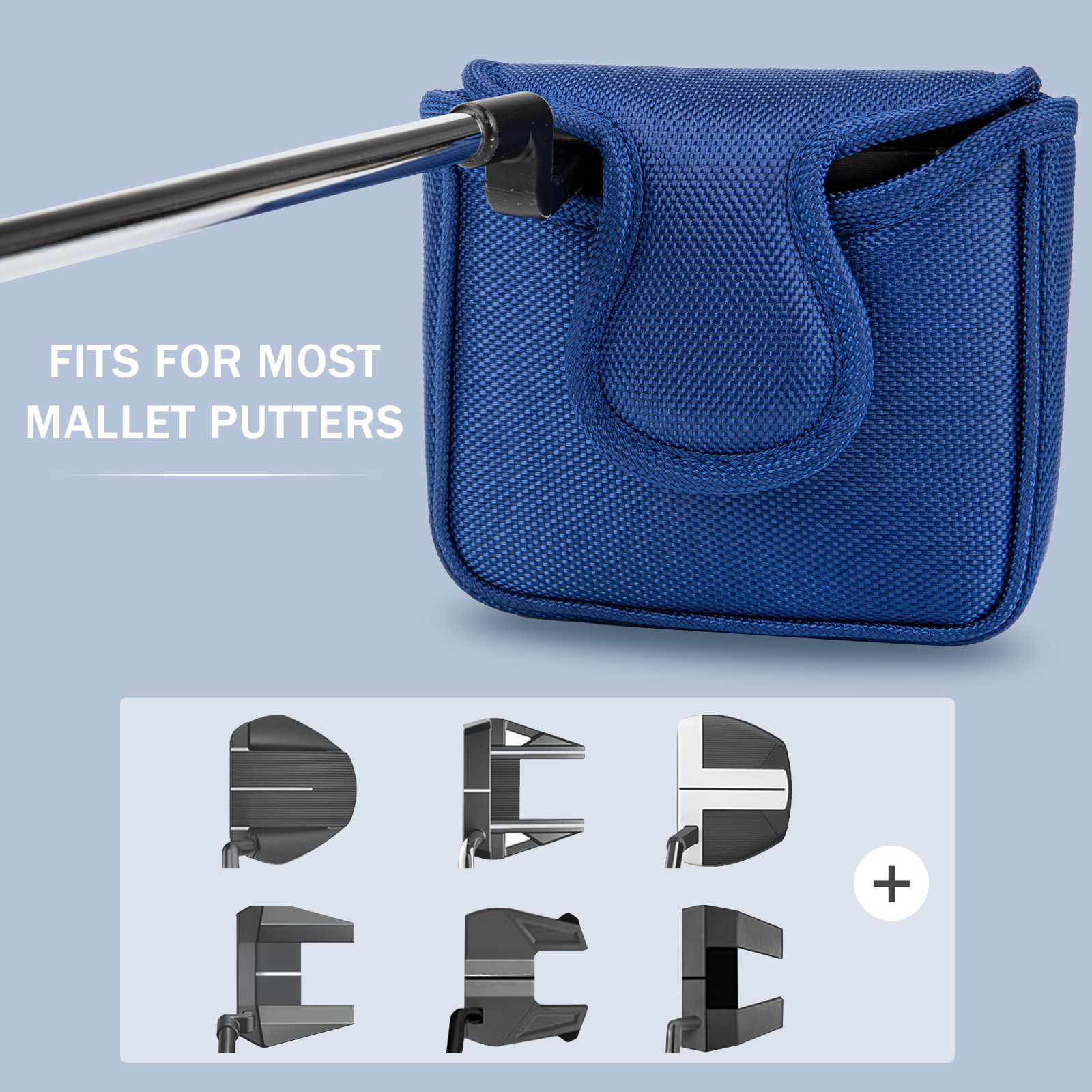A blue cover and putter-head silhouettes appear in a graphic beneath the visible words “FITS FOR MOST MALLET PUTTERS.”