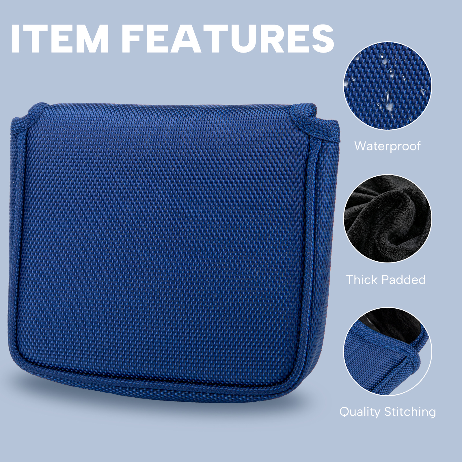 A blue cover appears with three circular detail panels beneath the visible heading “ITEM FEATURES.”