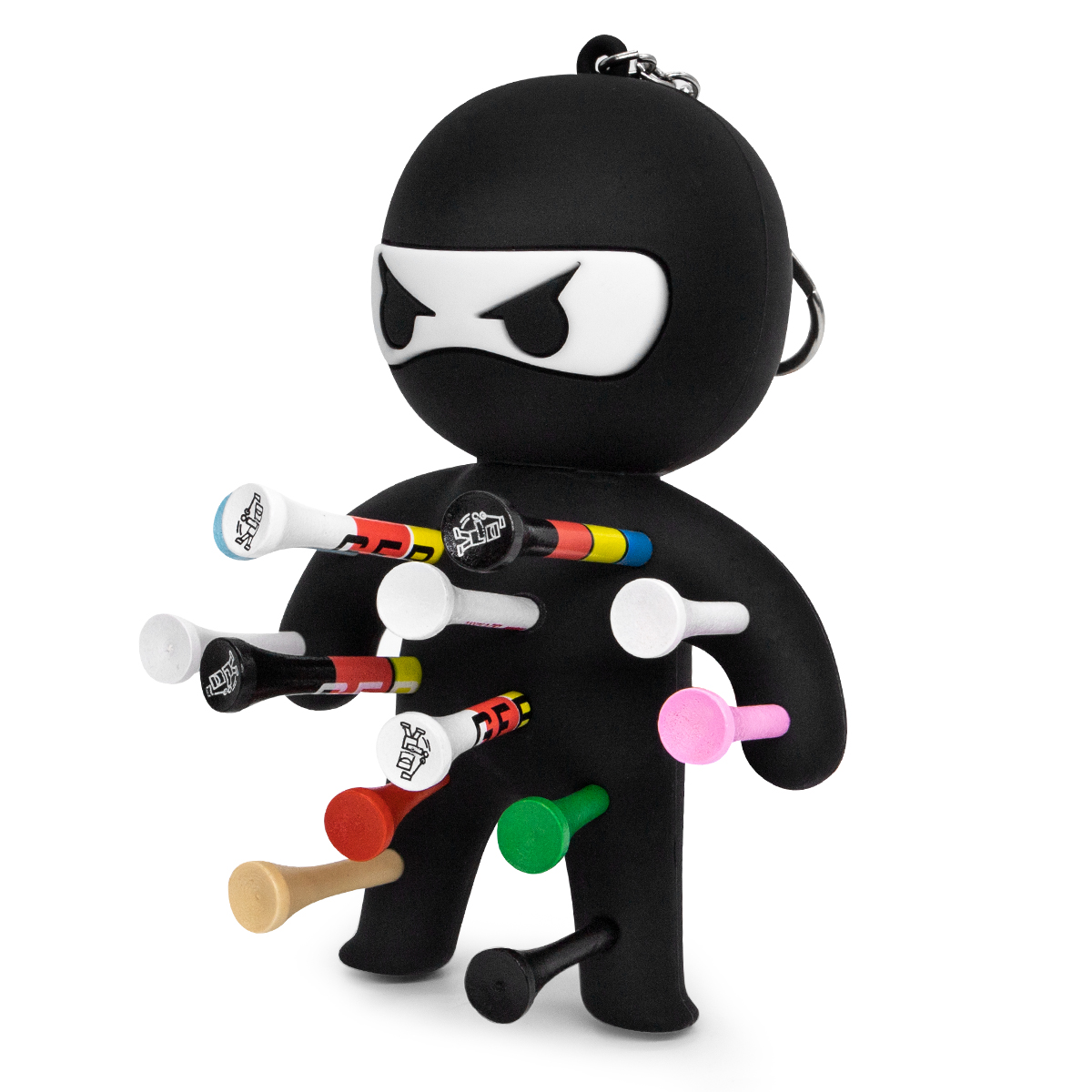 Black ninja golf tee holder with multicolored golf tees and a metal keychain clip on a white background.