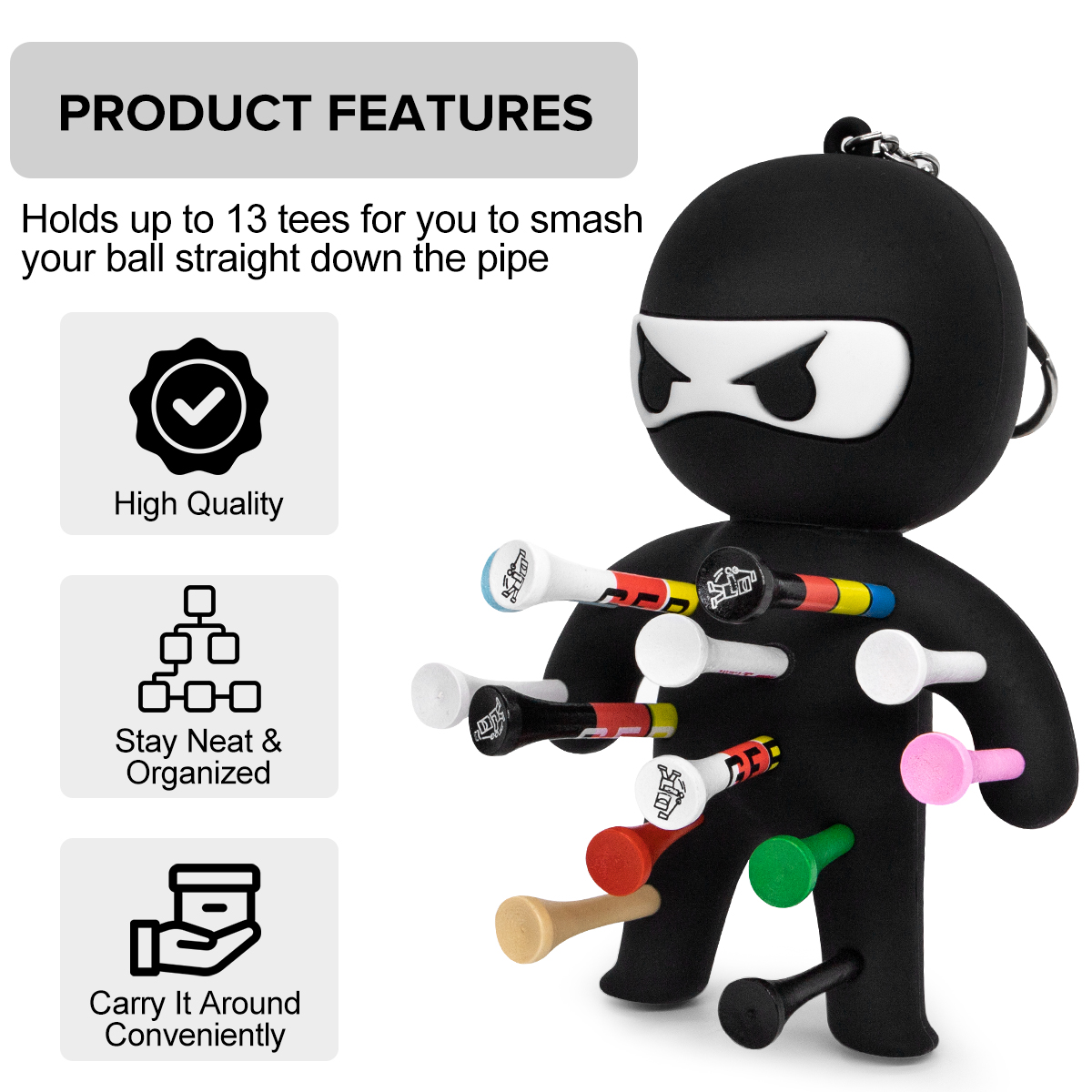 Black ninja tee holder with golf tees; features graphic lists capacity for up to 13 tees, organized storage and convenient carrying.