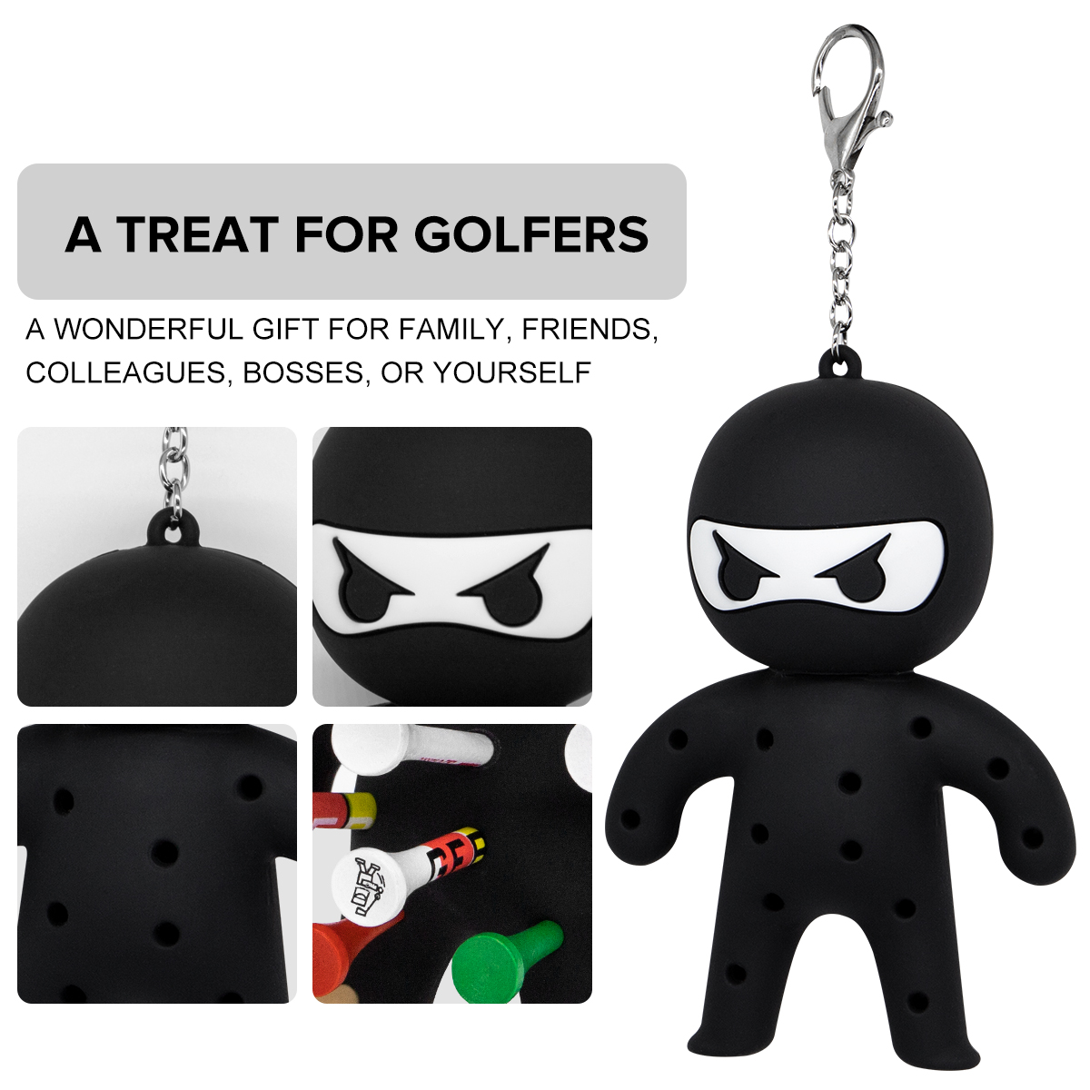 Black ninja tee holder gift graphic with close-ups of the chain attachment, face, tee holes and inserted golf tees.