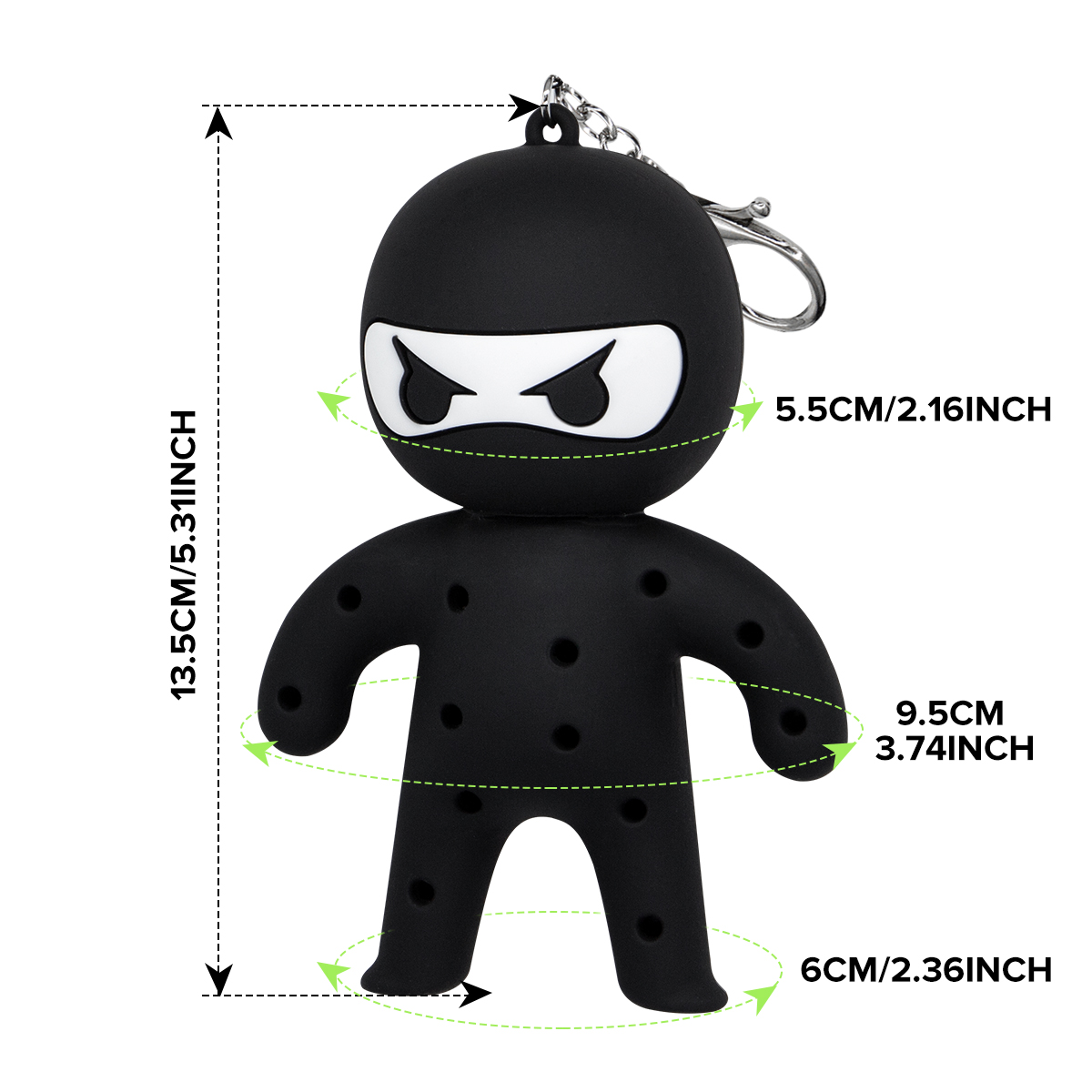 Black ninja tee holder size diagram with 13.5 cm height, 5.5 cm head, 9.5 cm arm-span and 6 cm foot-span labels.