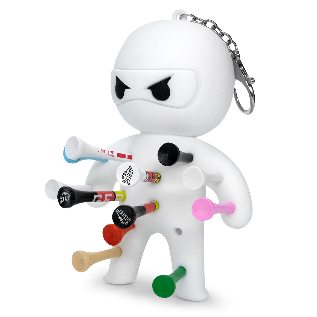 White ninja golf tee holder with multicolored golf tees and a metal keychain clip on a white background.