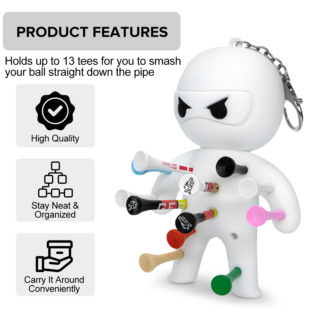 White ninja tee holder with golf tees; features graphic lists capacity for up to 13 tees, organized storage and convenient carrying.
