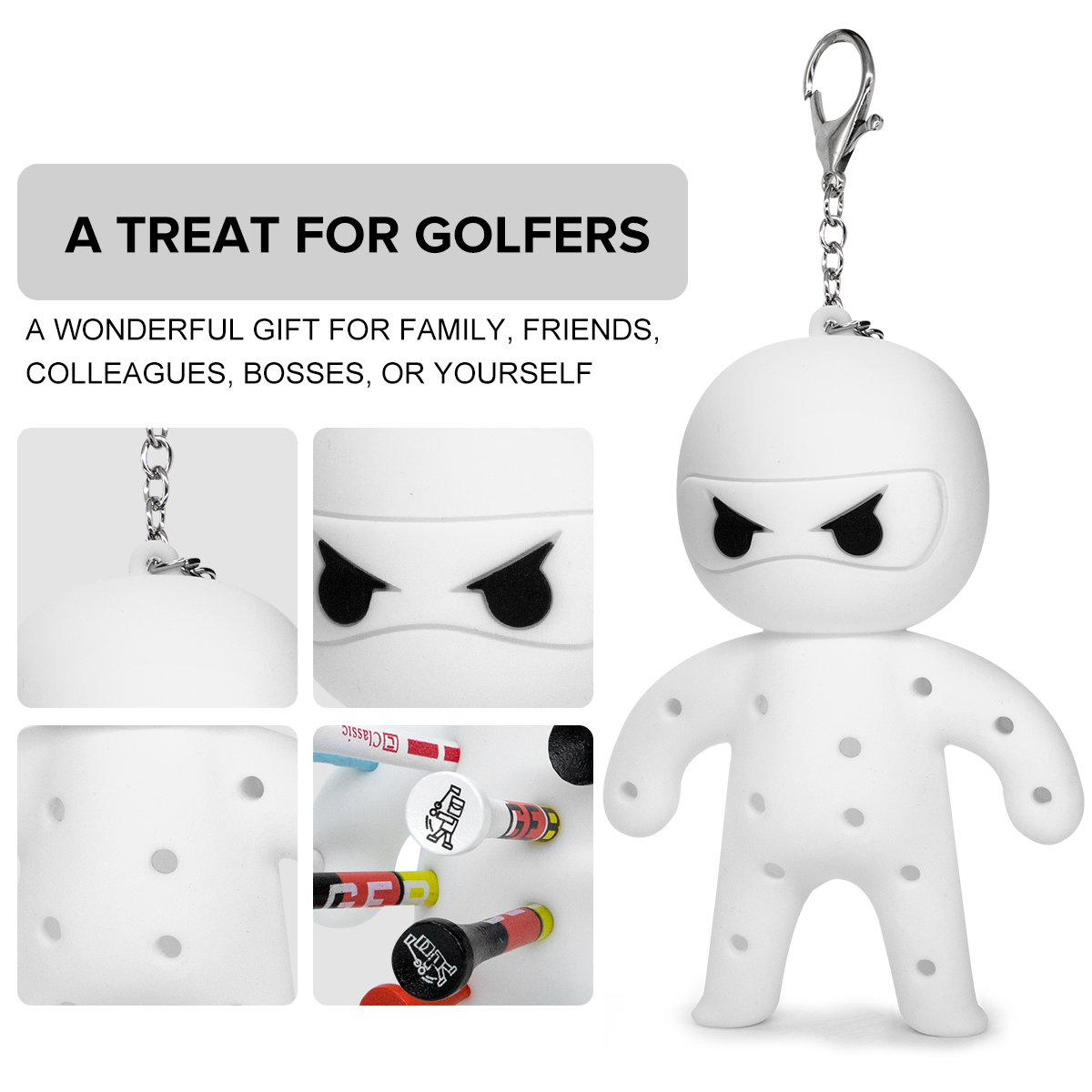 White ninja tee holder gift graphic with close-ups of the chain attachment, face, tee holes and inserted golf tees.