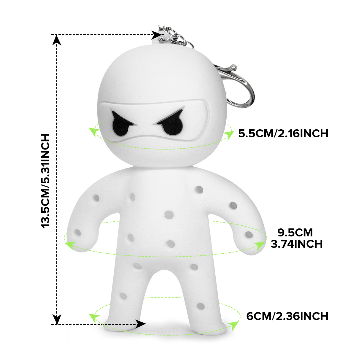 White ninja tee holder size diagram with 13.5 cm height, 5.5 cm head, 9.5 cm arm-span and 6 cm foot-span labels.