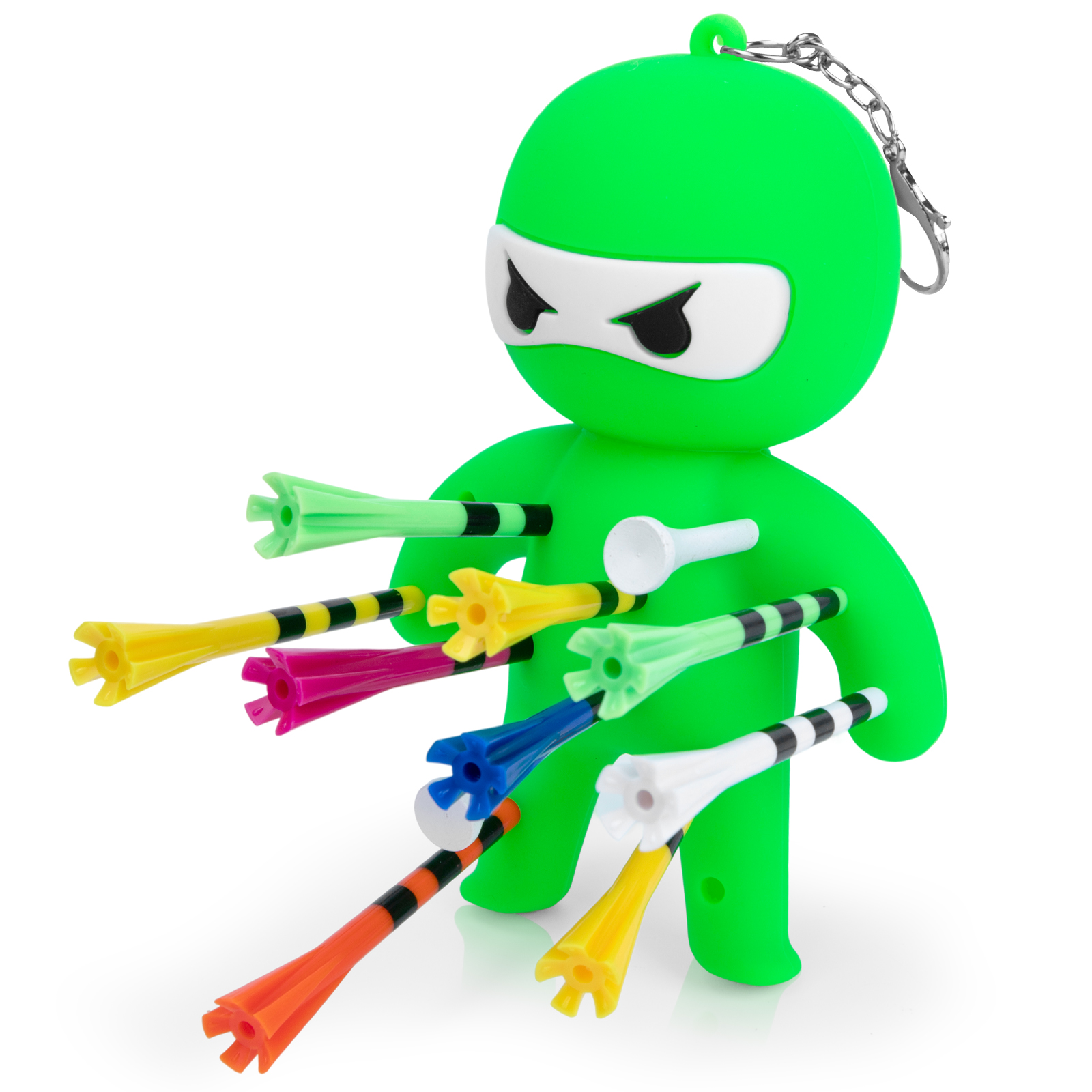 Green ninja golf tee holder with multicolored golf tees and a metal keychain clip on a white background.