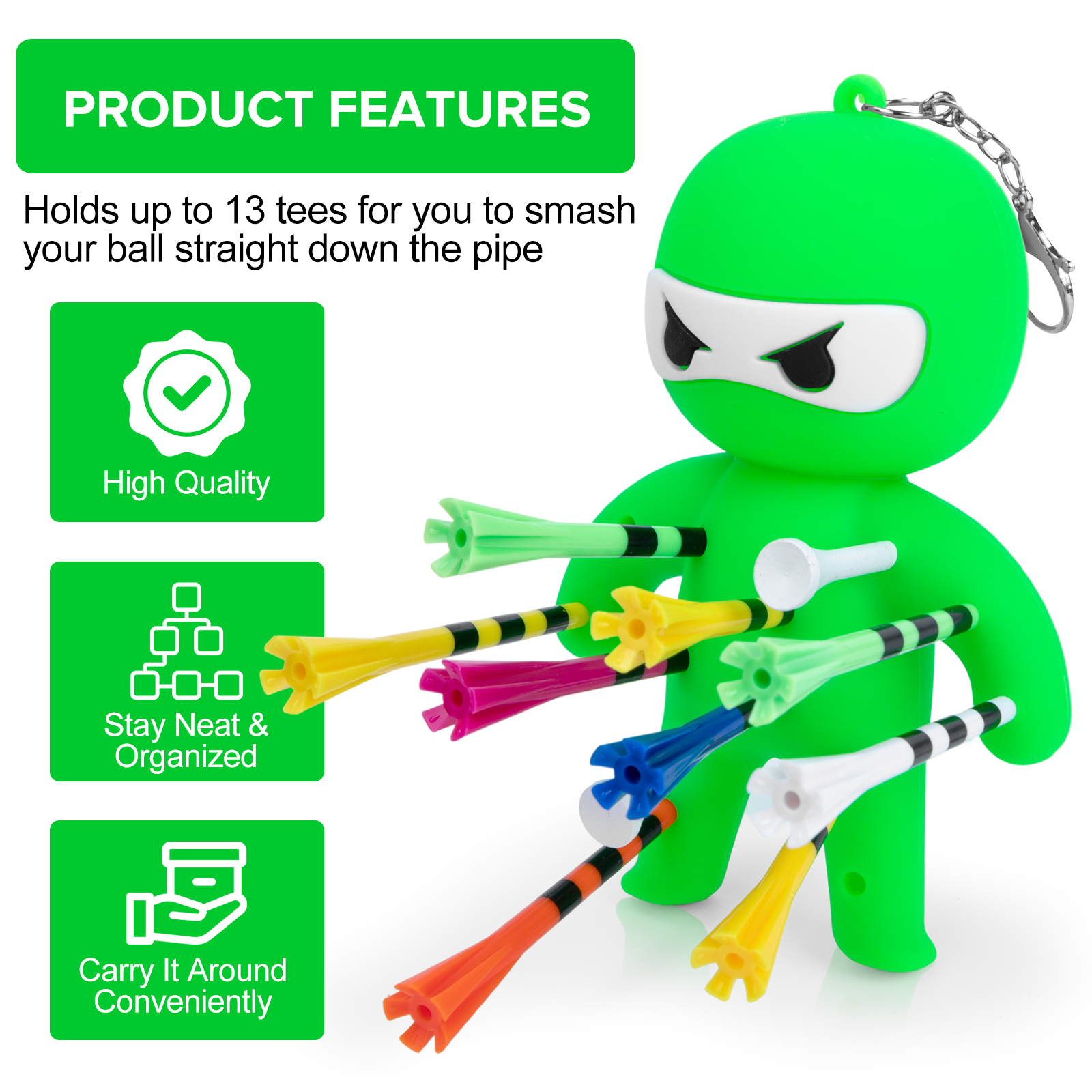 Green ninja tee holder with golf tees; features graphic lists capacity for up to 13 tees, organized storage and convenient carrying.