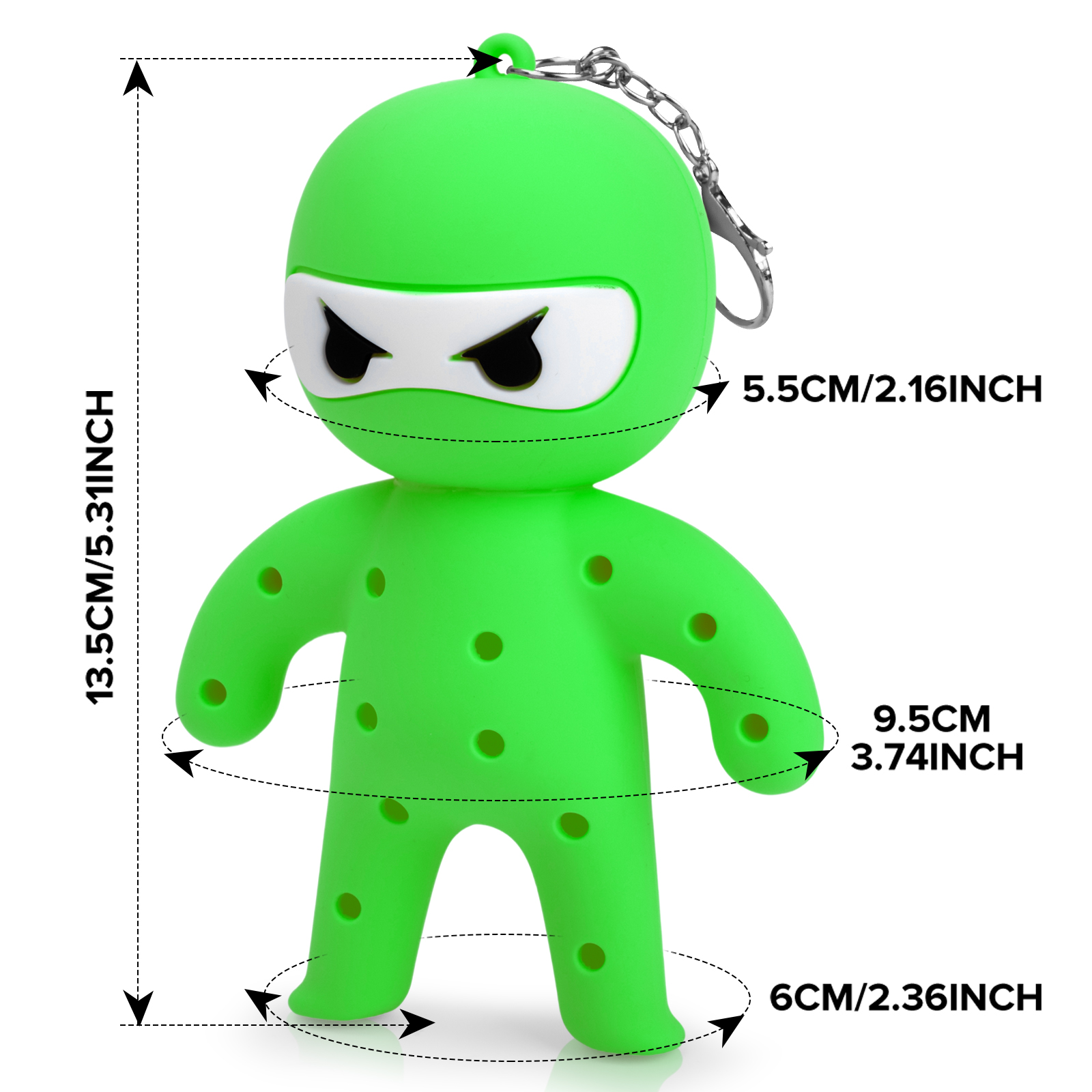 Green ninja tee holder size diagram with 13.5 cm height, 5.5 cm head, 9.5 cm arm-span and 6 cm foot-span labels.