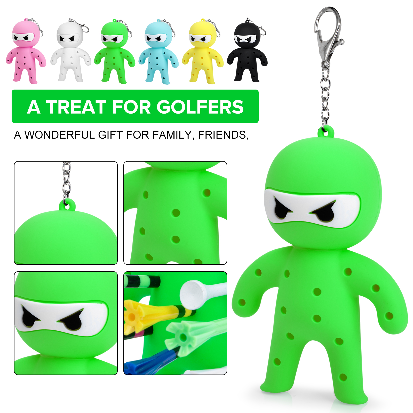 Green ninja tee holder gift graphic with chain, face and tee-hole close-ups and a row showing six colors.