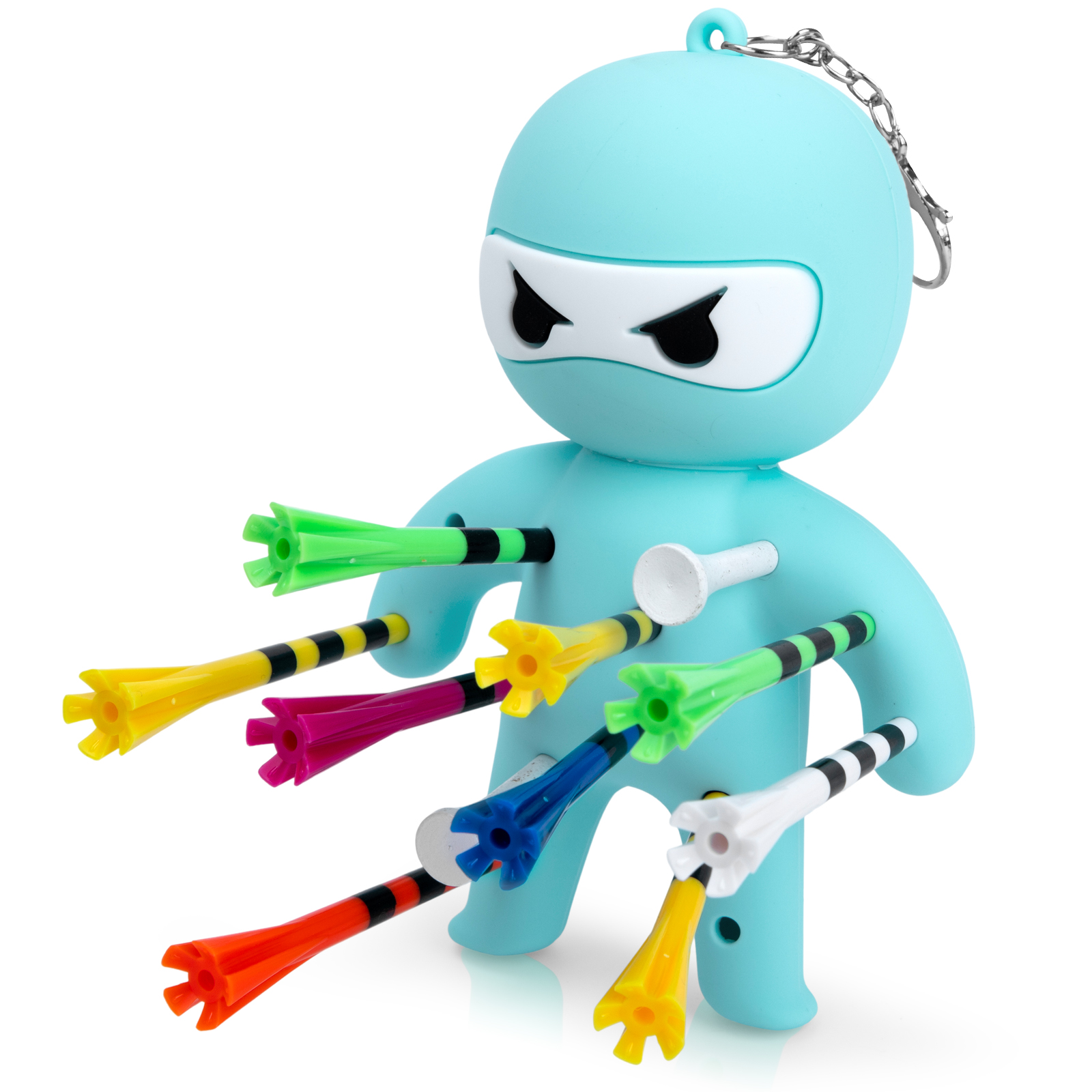 Blue ninja golf tee holder with multicolored golf tees and a metal keychain clip on a white background.