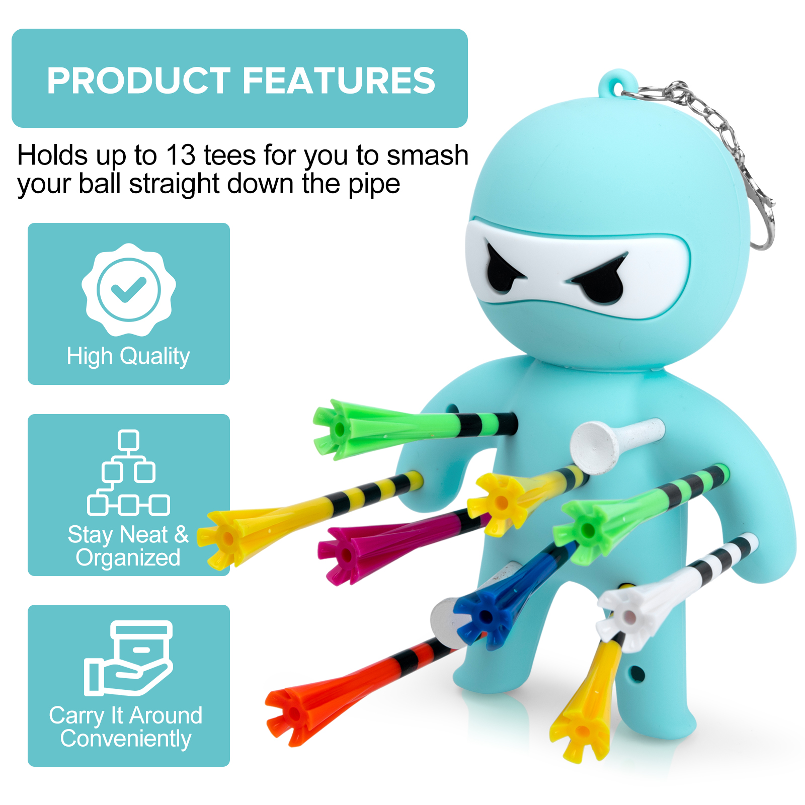 Blue ninja tee holder with golf tees; features graphic lists capacity for up to 13 tees, organized storage and convenient carrying.