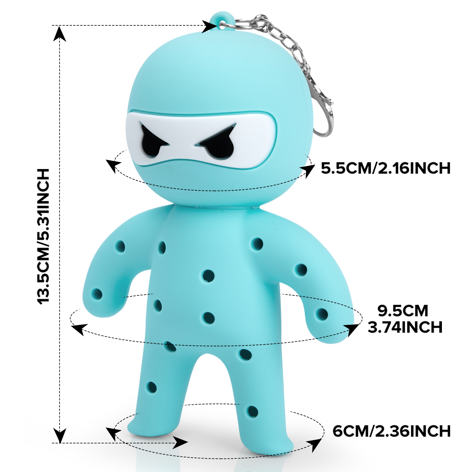 Blue ninja tee holder size diagram with 13.5 cm height, 5.5 cm head, 9.5 cm arm-span and 6 cm foot-span labels.