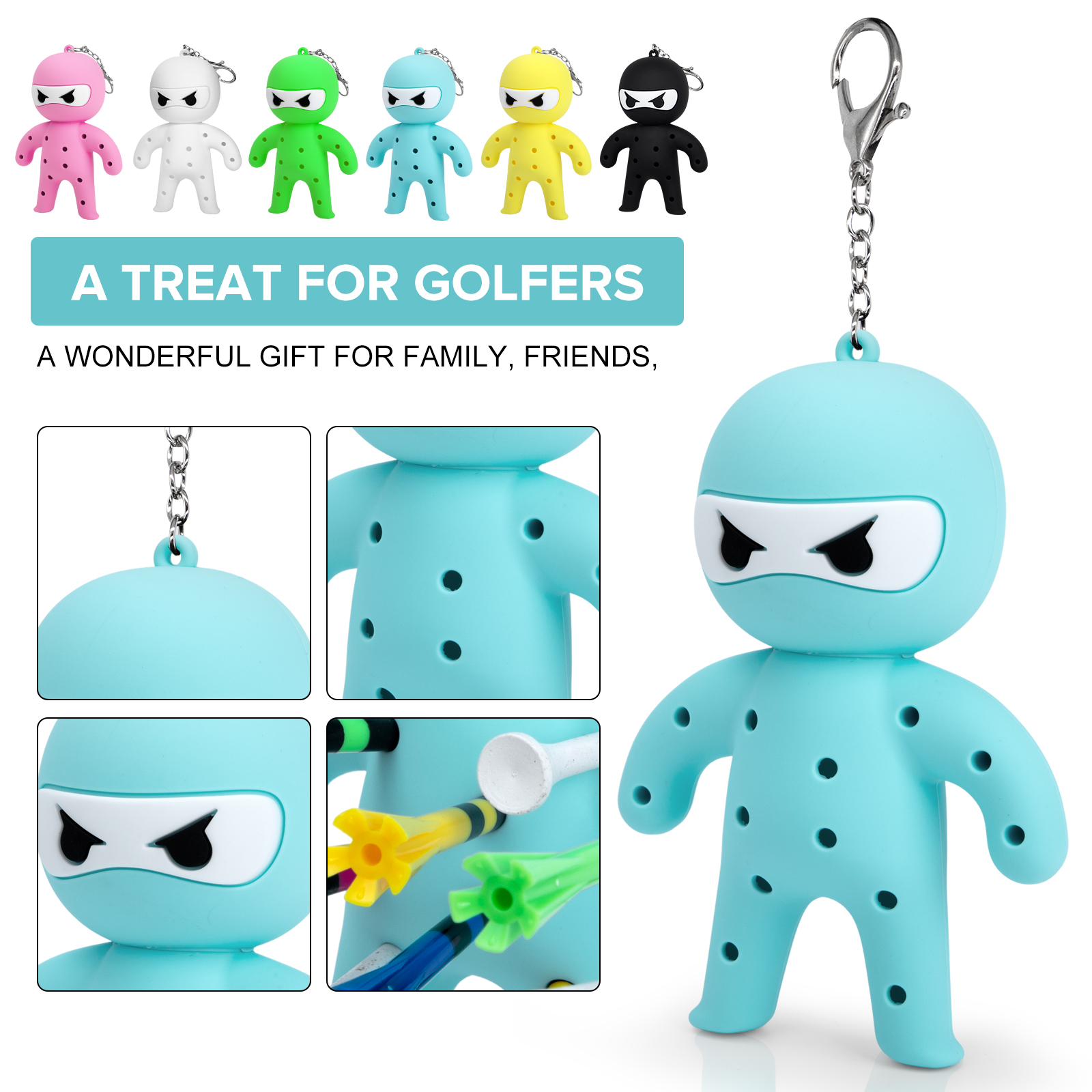 Blue ninja tee holder gift graphic with chain, face and tee-hole close-ups and a row showing six colors.