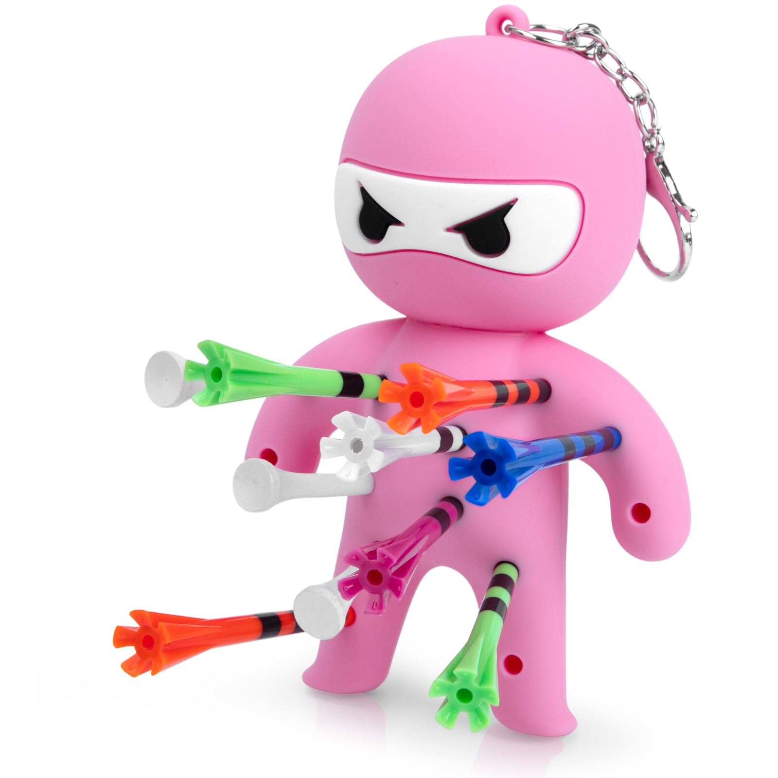 Pink ninja golf tee holder with multicolored golf tees and a metal keychain clip on a white background.