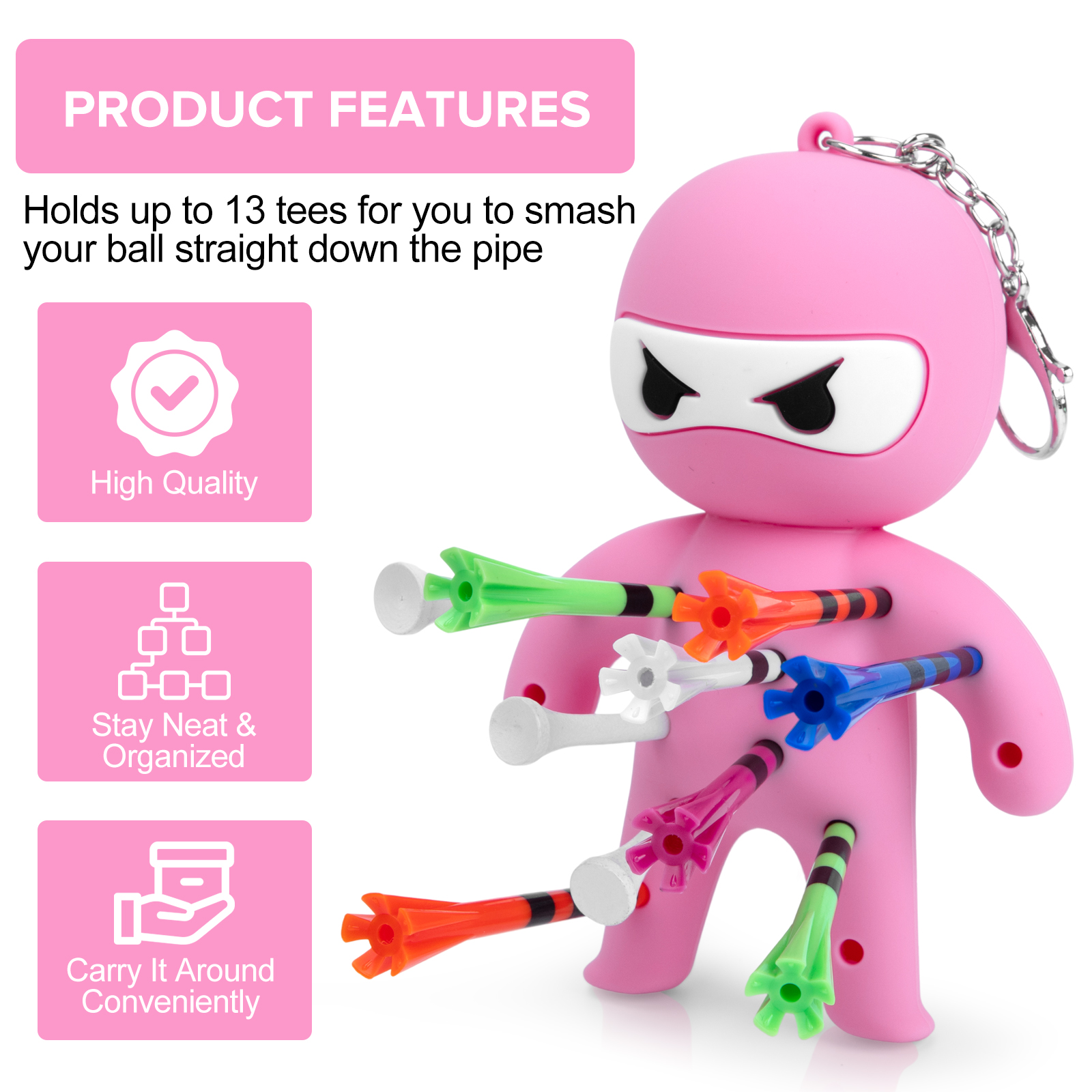 Pink ninja tee holder with golf tees; features graphic lists capacity for up to 13 tees, organized storage and convenient carrying.