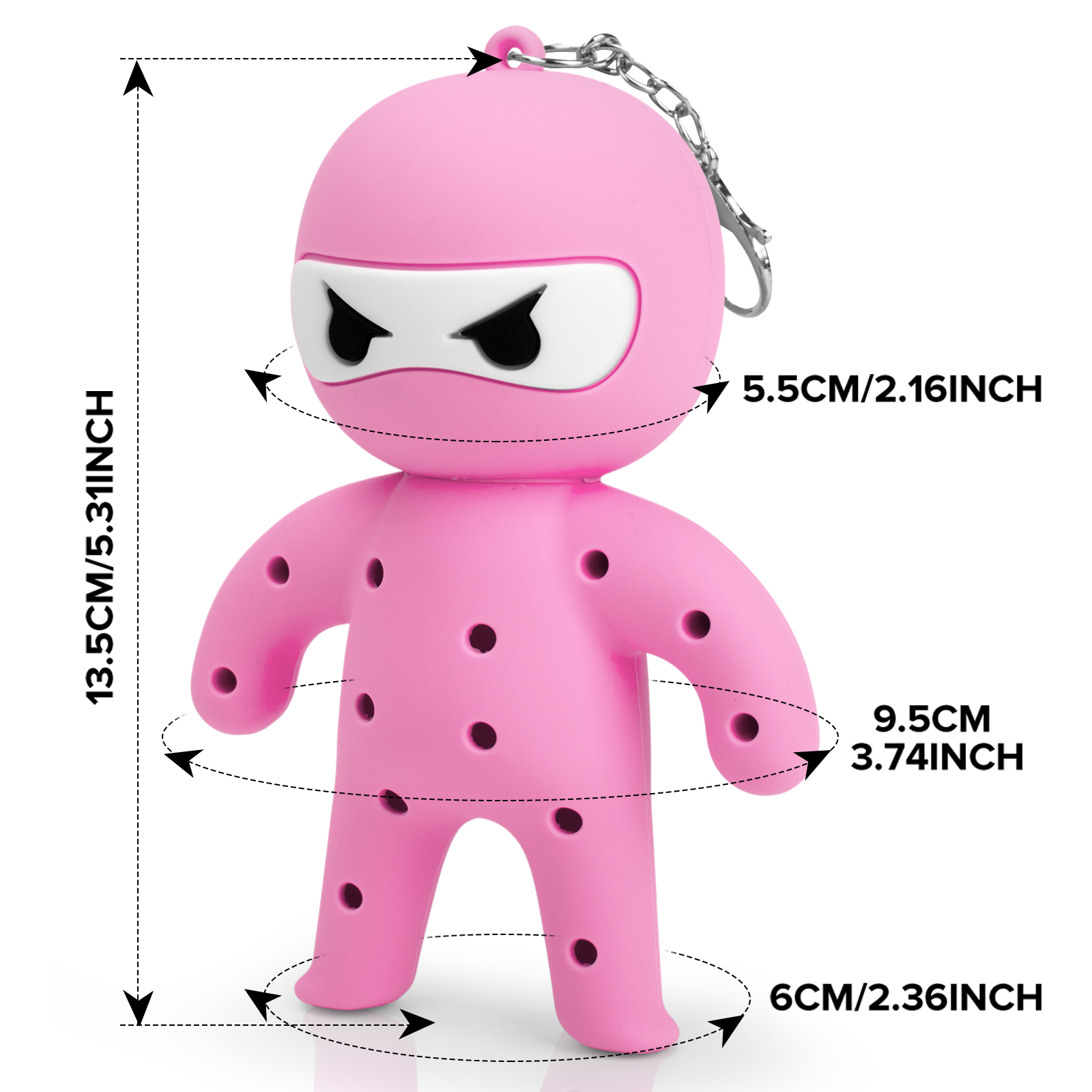 Pink ninja tee holder size diagram with 13.5 cm height, 5.5 cm head, 9.5 cm arm-span and 6 cm foot-span labels.