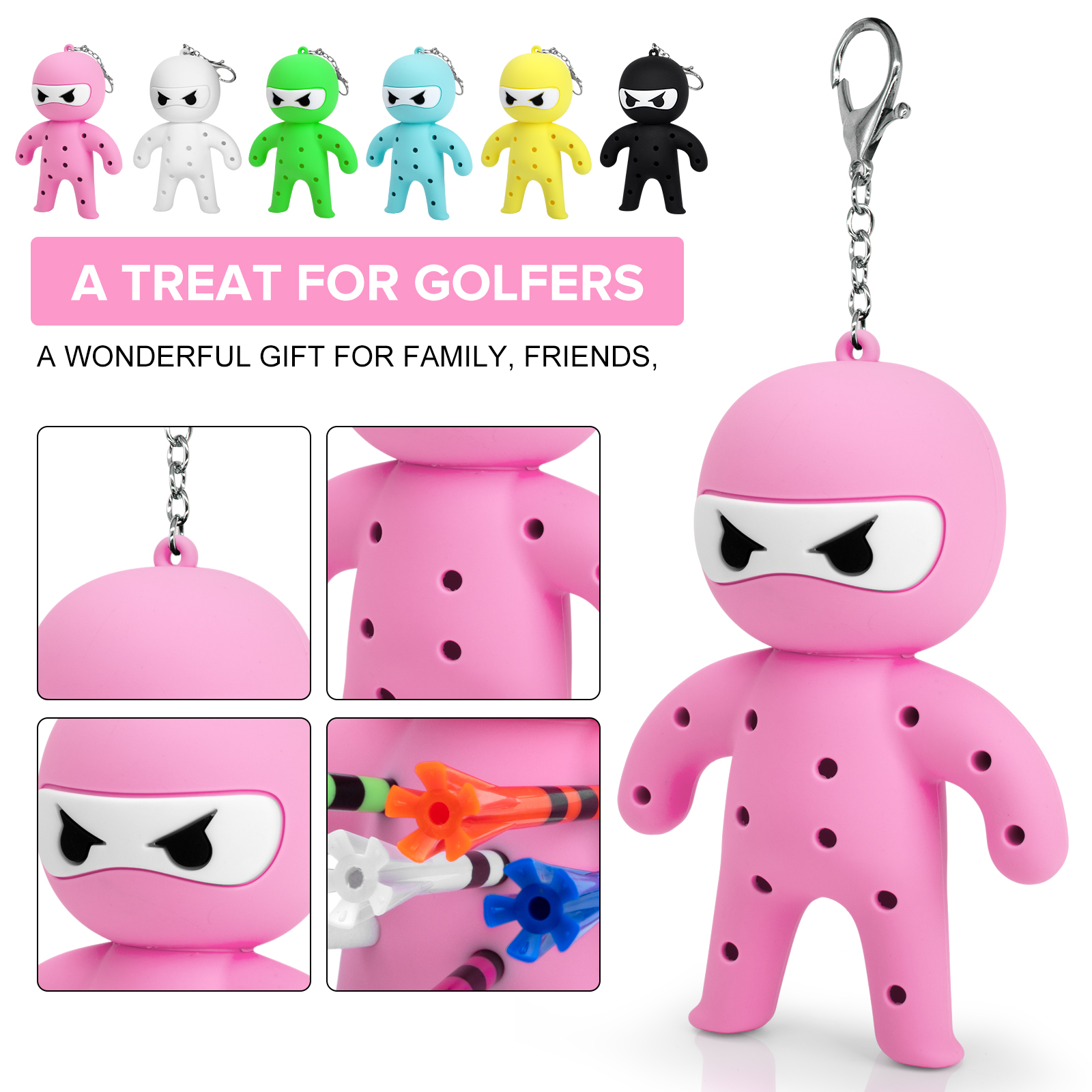 Pink ninja tee holder gift graphic with chain, face and tee-hole close-ups and a row showing six colors.