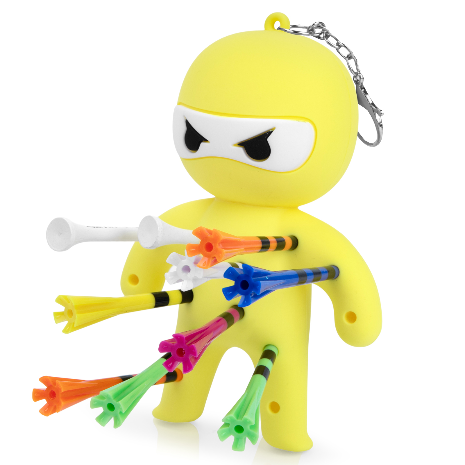 Yellow ninja golf tee holder with multicolored golf tees and a metal keychain clip on a white background.