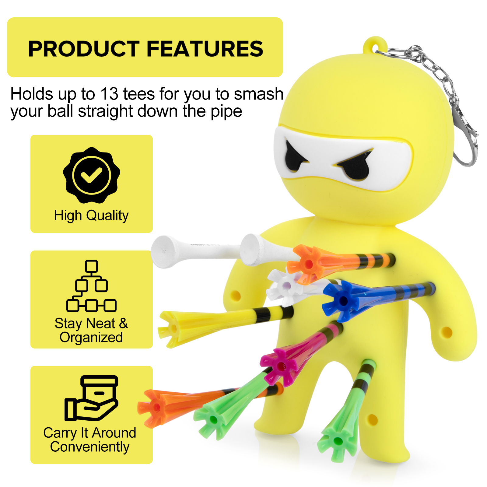 Yellow ninja tee holder with golf tees; features graphic lists capacity for up to 13 tees, organized storage and convenient carrying.