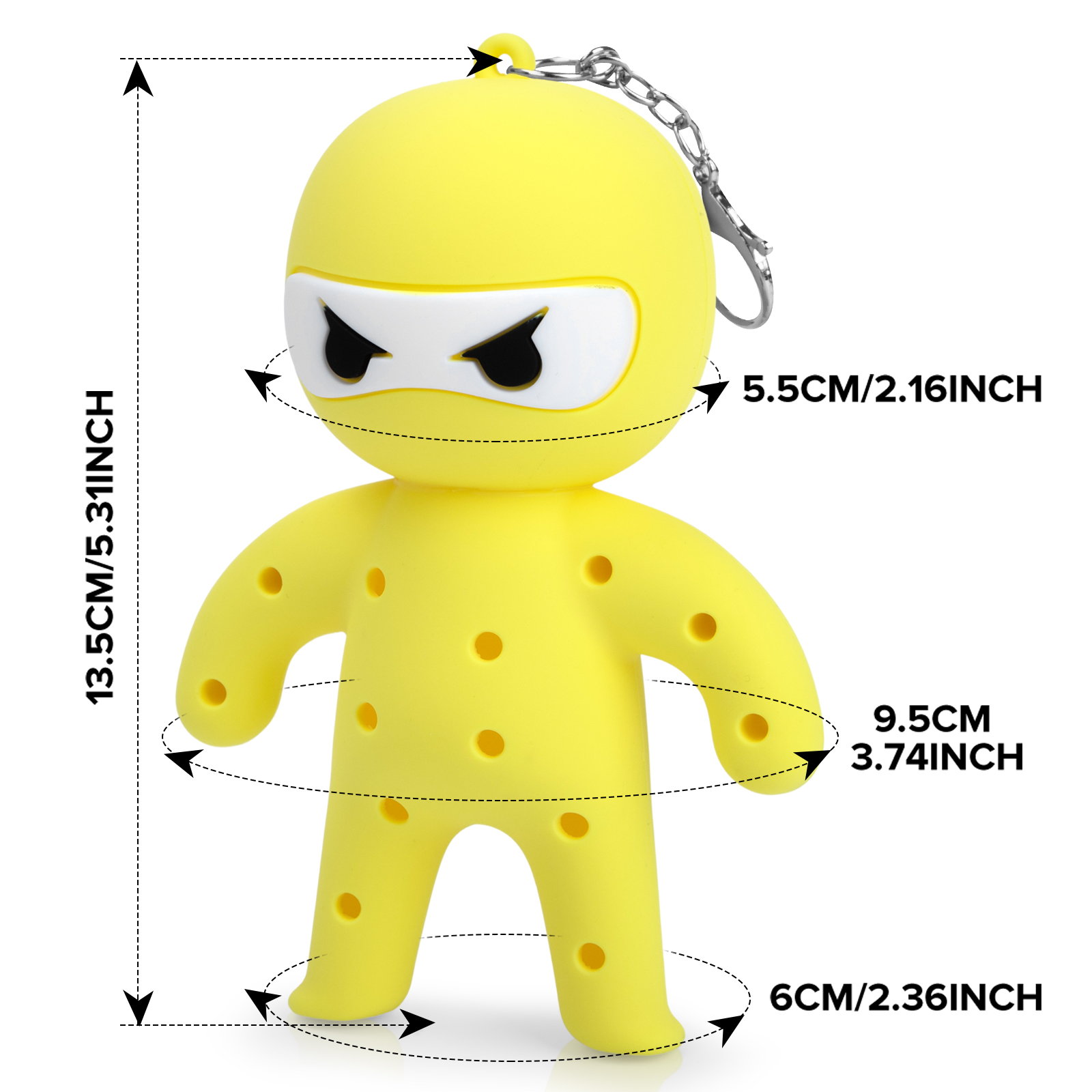 Yellow ninja tee holder size diagram with 13.5 cm height, 5.5 cm head, 9.5 cm arm-span and 6 cm foot-span labels.