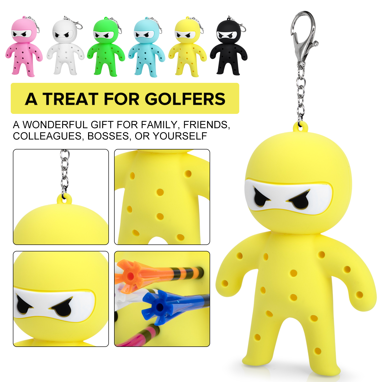 Yellow ninja tee holder gift graphic with chain, face and tee-hole close-ups and a row showing six colors.