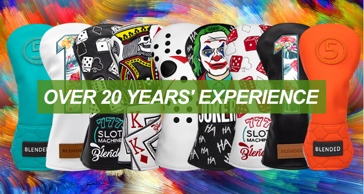 Colorful golf headcover lineup with playing-card and floral designs