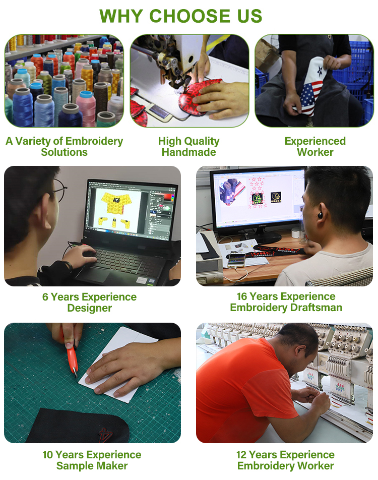 Why Choose Us montage of embroidery, sewing, design, pattern cutting, and embroidery work