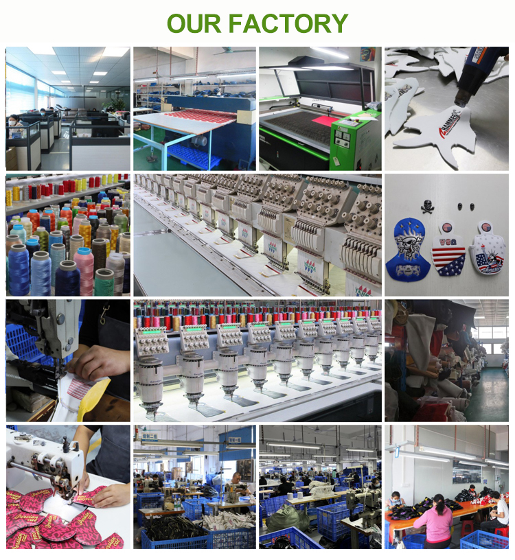 Factory collage showing workstations, laser cutting, embroidery machines, thread spools, sewing, and production areas