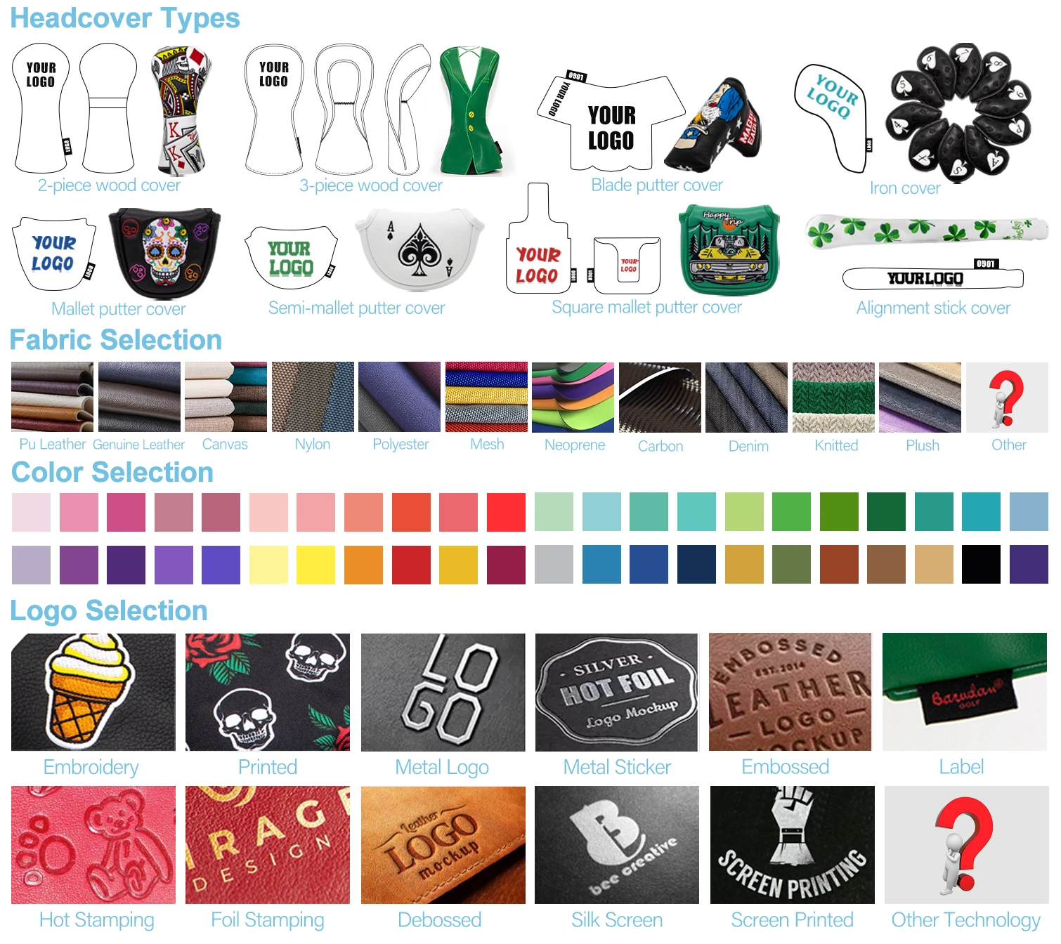 Custom headcover types, fabrics, colors and logo application options